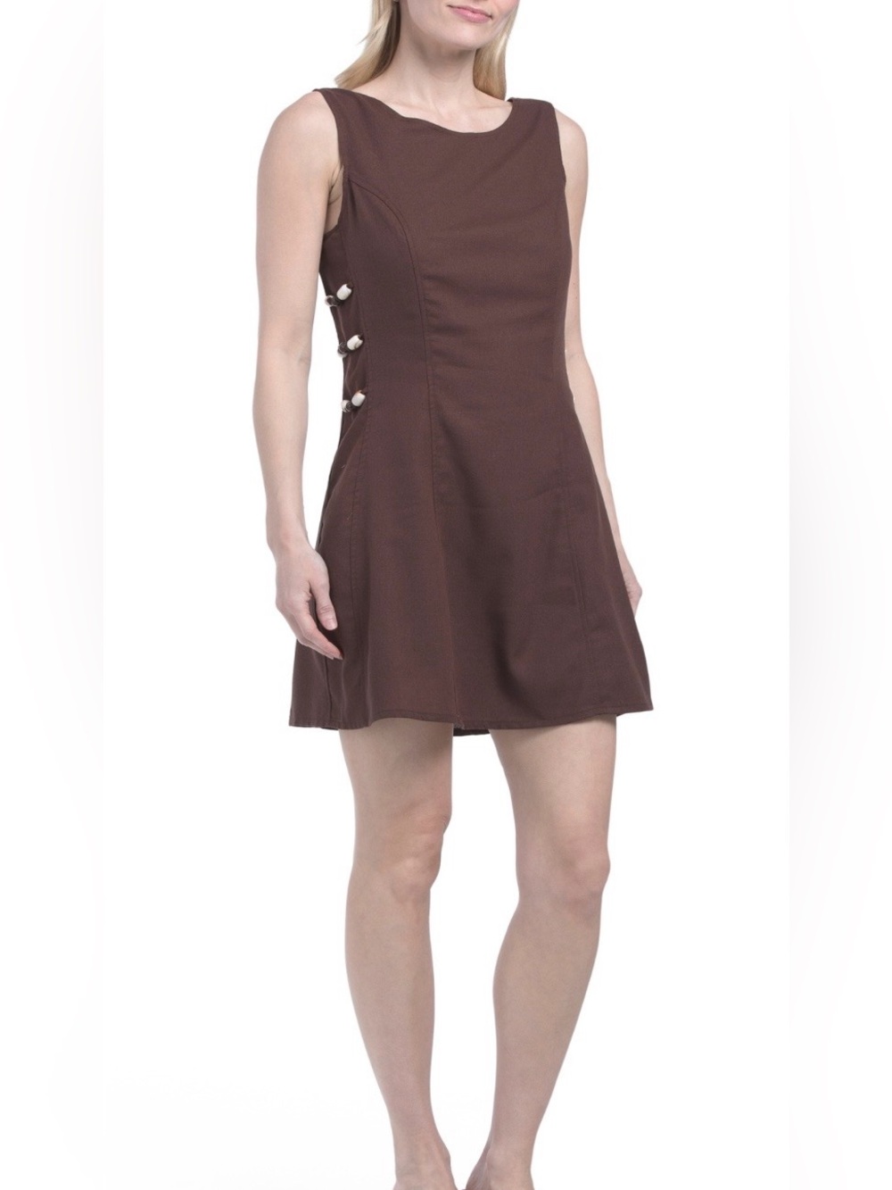 NWT Paper Heart linen blend Sleeveless Side-Button Shift Dress in Brown, Size L